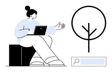 Dizüstü bilgisayarlı bir kadın minimalist ağaç tasarımı ve arama çubuğuna doğru hareket ediyor. Teknoloji, yenilik, eğitim, doğa, tartışma, yaratıcılık ve basit iniş sayfası için ideal