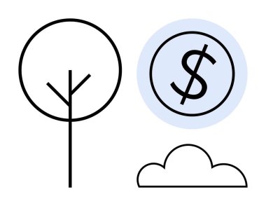 Asgari dizaynlı ağaç, bulut ve dolar işareti doğayı, ekonomik ilerlemeyi veya sürdürülebilirliği işaret ediyor. Ekoloji, finans, yenilik, iklim değişikliği yeşil yatırım büyümesi için idealdir
