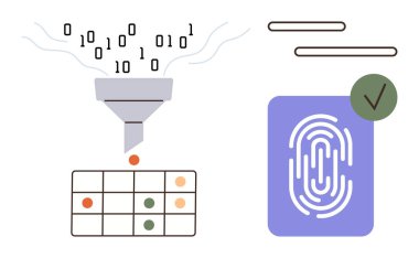 Yapılandırılmış veri tablosuna huni işleme ikili kodu, yeşil işaretli parmak izi simgesi. Veri analizi, kimlik doğrulama, güvenlik, doğrulama, doğrulama, makine öğrenme, yapay zeka için ideal