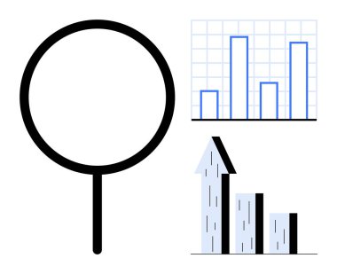 İki çubuk grafikle bitişik büyüteç, veri keşfi ve performans analizini vurguluyor. Analiz, araştırma, büyüme, performans, strateji, istatistik, basit iniş sayfası için ideal