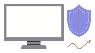Bilgisayar monitörü koruma, güvenlik ve veri güvenliğini sembolize ediyor. Kırmızı ok ilerlemeyi ve büyümeyi gösteriyor. Teknoloji, siber güvenlik, veri koruması ve çevrimiçi güvenlik için ideal