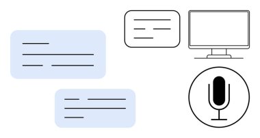 Konuşma balonu diyaloğu, ses kayıt mikrofon ikonu ve bilgisayar monitörü. İletişim, podcast, transkripsiyon, teknoloji, yayıncılık için ideal, basit iniş sayfaları