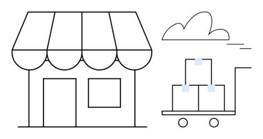 Tenteli küçük bir perakende binası ve kutularla dolu bir teslimat arabası. Perakende, çevrimiçi alışveriş, lojistik, iş, dağıtım, e-ticaret, yerel mağazalar için ideal. Basit bir düz metaforu temsil eder.