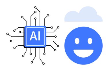 Yapay zeka çipi bir bulut figürünün altında mavi gülümseyen yüzünün yanındaki devre hatlarıyla çevrili. Teknoloji, yenilik, yapay zeka, bulut hesaplama, duygular, bağlantı, basit iniş sayfası için ideal