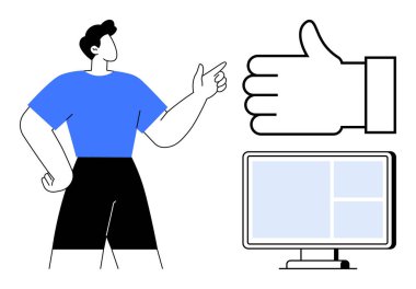 Mavi çizgili büyük başparmaklı grafik ve bilgisayar ekranını işaret eden kişi. Takım çalışması, onay, işbirliği, geri bildirim, başarı, çevrimiçi aktivite, basit iniş sayfası için ideal