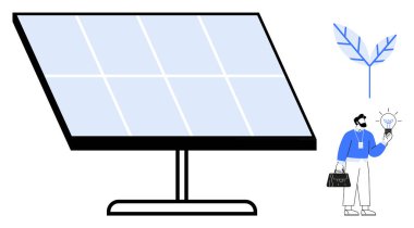 Büyük güneş paneli güneş ışığını bir profesyonelin elinde tutarak yaprak tasarımının yanında bir ampul tutuyor. Sürdürülebilirlik, yenilenebilir enerji, yenilik, çevre, ekoloji, temiz güç için ideal