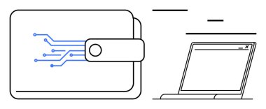 Bilgisayar arayüzünün yanında devre tasarımı olan minimal cüzdan dijital işlemleri, kusursuz ödemeleri ve teknolojik evrimi temsil ediyor. Fintech, e-ticaret, güvenlik, veri için ideal