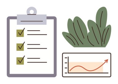 Üç işaretli kontrol panosu, bir grafikte büyüme eğilimi ve yeşil bitki yaprakları. Planlama, organizasyon, üretkenlik, sürdürülebilirlik, hedef izleme, başarı işi için ideal