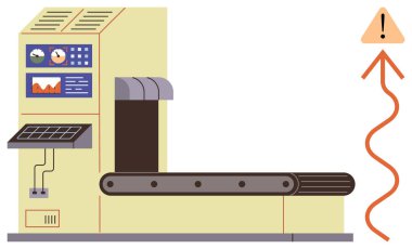 Kontrol panelleri ve ekran ekranlarıyla endüstriyel taşıma bandı. Kırmızı ok ve uyarı işareti dikkat ya da uyarı anlamına gelir. Güvenlik, verimlilik, teknoloji, izleme, otomasyon, fabrika için ideal