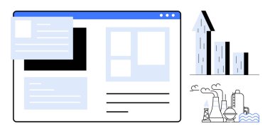 Yerleşim elemanlarıyla web arayüzü, yükselen bar çizelgesi fabrikası bacalarının analizleri endüstriyi simgeliyor. Teknoloji, otomasyon, UX tasarımı, veri analizi, büyüme, endüstri anlayışı için ideal, basit