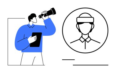 Teleskoplu ve tabletli bir adam sanal bir kullanıcı profilini daire içinde inceliyor. Araştırma, gözlem, odaklanma, teknoloji, analiz, veri keşfi, dijital profiller için ideal. Düz basit metafor