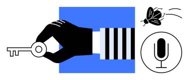 Anahtar tutan eldivenli bir el, uçan bir böcek ve minimalist bir tasarımda bir mikrofon ikonu. Erişim için ideal, sırlar, iletişim, dinleme, basitlik, dijital güvenlik basit iniş sayfası