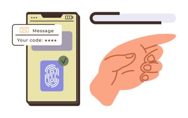 Parmak izi taraması ve doğrulama kodu gösteren akıllı telefon. Kullanıcı etkileşimi için el işaretleri. Güvenlik, teknoloji, erişim, mahremiyet, dijital kimlik doğrulama, kullanıcı arayüzü, çevrimiçi için ideal