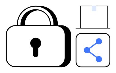 Asma kilit, paylaşım simgesi ve belge veri koruması, güvenlik, paylaşım ve organizasyonu görselleştirir. Gizlilik, siber güvenlik, güvenli paylaşım veri yönetimi uzaktan çalışma uygulaması tasarımı için idealdir