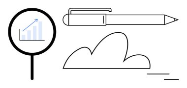 Büyütme camı büyüme grafiğini, yaratıcılığı sembolize eden kalem ve bağlantı için bulut. İş, araştırma, strateji, yaratıcılık, analiz, üretkenlik ve dijital yenilik için ideal