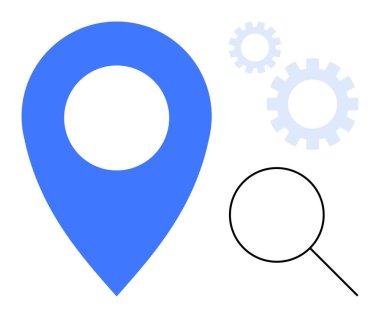 Konumu, arama, keşif, optimizasyon, teknoloji, navigasyon ve analizi sembolize eden büyüteç ve vitesli mavi harita iğnesi. Haritaları takip etmek ve temaları işlemek için ideal. Basit düz