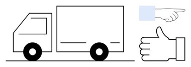 Nakliye kamyonu sola doğru gidiyor. Yanında yön gösteren bir el ve onay için baş parmak işareti var. Lojistik, ulaşım, dağıtım hizmetleri, sürüş talimatları, takım çalışması, sevkiyat için ideal