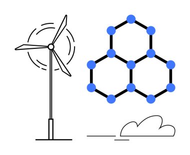 Moleküler yapının yanında noktalı çizgileri ve bulutu olan rüzgar türbini. Yenilenebilir enerji, bilim, yenilik, sürdürülebilirlik, araştırma, temiz enerji, çevre dengesi için idealdir. Basit düz