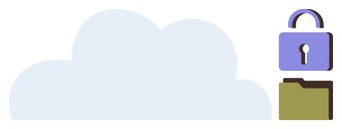 Güvenli asma kilit ve kilitli klasörü olan bulut veri güvenliğini, bulut depolamayı ve siber güvenliği simgeliyor. Veri koruması, gizlilik, çevrimiçi depolama, şifreleme, bulut yedekleme, güvenlik için ideal