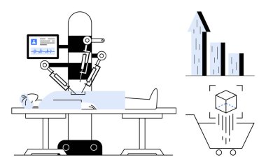 Veri monitörüyle robotik kol ameliyatı, masada hasta, büyüme grafiği, küp tarayıcı ve alışveriş arabası. Yenilik için ideal, yapay zeka, sağlık teknisyeni, analitik strateji otomasyonu basit