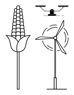 Mısır bitkisi, dönen rüzgar türbini ve tarımı, yenilenebilir enerjiyi ve dengeyi vurgulayan ölçekli tartı. Sürdürülebilirlik, çevre, tarım, yenilenebilir kaynaklar için ideal yeşil enerji