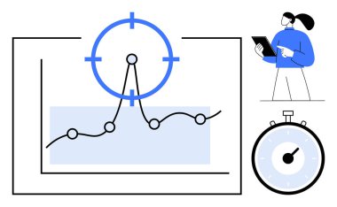 Hedef odaklı trend çizelgesi, zaman yönetimini sembolize eden kronometre, tablet tutan kişi. Veri takibi, proje yönetimi, zaman optimizasyonu, analitik ve iş stratejisi için ideal