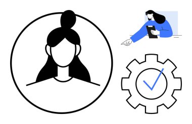 Çemberde bir kadın avatar, işaretli dişli dişiler, tablet kullanan bir kadın. Kullanıcı yönetimi, görev izleme, üretkenlik, ayarlar, kişiselleştirme, hesap oluşturma basit iniş sayfası için ideal