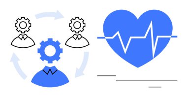 Vites simgeleriyle birbirine bağlı üç kişi takım çalışması ve iş akışını temsil ediyor. Onların yanında, elektrokardiyogramlı mavi kalp sağlığı ve canlılığı simgeler. Sağlık ve takım çalışması için ideal.