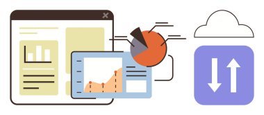 Bulut yükleme ve indirme simgesinin yanında çubuk ve satır grafikleriyle web arayüzü. Veri analizi, bulut hesaplama, iş zekası, teknoloji, finans, iş akışı, düz metafor