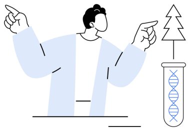 Çevresel bağlantıyı sembolize eden bir ağaçla test tüpünde DNA 'ya doğru hareket eden bir bilim adamı. Bilim, biyoloji, yenilik, sürdürülebilirlik, genetik, eğitim ve araştırma için ideal. Basit düz