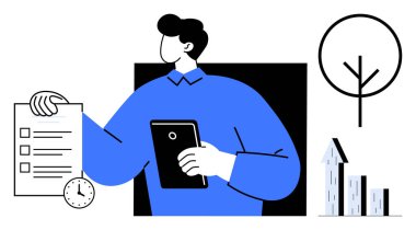 Profesyonel bekleme tableti ve kontrol listesi, saat, ağaç ve yukarı doğru ok çizelgesinin yanında. Üretkenlik, zaman yönetimi, büyüme, liderlik, organizasyon planlaması için ideal