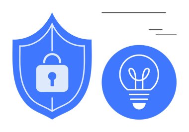 Kilit simgesine sahip mavi kalkan, koruma ampulünü simgeler. Yenilik ve fikirleri ön plana çıkarır. Siber güvenlik, yaratıcılık, yenilik, dijital koruma, teknoloji, iş, basit iniş için ideal