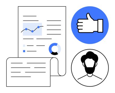 Geribildirim ve performans değerlendirmesi için grafikler, çizelgeler, kullanıcı avatarı ve başparmak onay simgesi içeren rapor. Analiz, geri bildirim, takım çalışması, onay, büyüme profili ve basit bir iniş sayfası için ideal