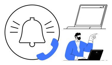 Görüşme sırasında telefon ikonu, dizüstü bilgisayar ve mavi giyen profesyonel bir adamın bulunduğu bir uyarı zili. İletişim, takım çalışması, iş, güncelleme, çevrimiçi araçlar, müşteri desteği için ideal
