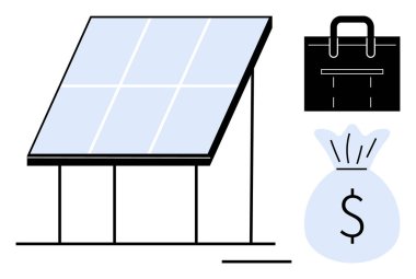 Güneş paneli desteğe, evrak çantasına ve finansmanı sembolize eden para çantasına odaklı. Sürdürülebilirlik, yatırım, enerji tasarrufu, eko-ekonomi, yeşil teknoloji, temiz enerji için ideal basit