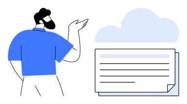 Bulut ve belgeye işaret eden bir kişi, bulut hesaplama ve dijital bilgiyi simgeliyor. Teknoloji, yenilik, depolama, veri paylaşımı, dijital organizasyon ve bulut hizmetleri için ideal