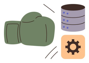 Boks eldiveni veritabanına ve vites simgesine giriyor. Veri güvenliğini, sistem korumasını, teknolojik çatışmayı sembolize ediyor. Siber güvenlik, teknik savunma, veritabanları, problem çözme, veri sızıntıları için ideal.