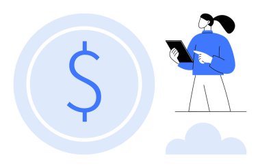 Tablet tutan kişi, düşünme stratejisi. Büyük dolar işareti finans ve değeri vurguluyor. Finansal planlama, yatırım, danışmanlık, ekonomi, ekonomi ve strateji için ideal