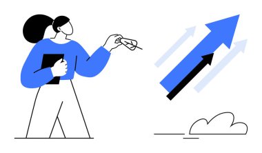 Tablet ve kalem tutan kadın, yukarı doğru büyümeyi, ilerlemeyi, başarıyı ve hırsı simgeleyen okları işaret ediyor. İş, strateji, analitik kariyer planlaması için ideal. Basit düz