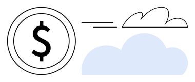 Çemberin içindeki dolar işareti soyut bulutlar ve çizgiler arasındaki bağlantıyı vurguluyor. Finans, teknoloji, bulut maliyeti, veri depolama, tasarruf, ekonomi, basit düz metafor