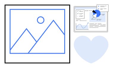 Mavi geometrik dağ çizimleri, çizelgeleri ve diyagramları olan veri raporları, kalp şekli elementleri. Yaratıcılık, analitik, sanat, tasarım ilhamı, ilişkiler, gösterge tabelaları için ideal basit iniş sayfası