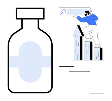 İlaç şişesi, arama aletleri kullanan ve büyüme çubuklarının üzerinde duran bireyin yanında. Sağlık, araştırma, geliştirme, yenilik, başarı, tıbbi teknoloji için ideal, basit düz metafor