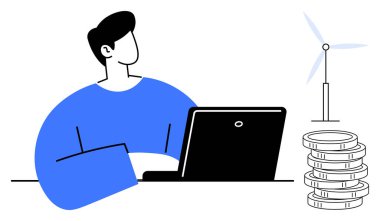 Rüzgâr türbininin yanındaki dizüstü bilgisayarda çalışan ve teknolojiyi, yenilenebilir enerjiyi ve finansal büyümeyi sembolize eden madeni para yığını. Sürdürülebilirlik, yeşil enerji, yenilik ve iş stratejisi için ideal