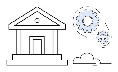 Basamaklı ve vitesli banka yapısı finansal yenilikleri, sistem işlevselliğini veya ekonomik mekanizmaları sembolize ediyor. Finans, ekonomi, kurumlar, yönetim, bankacılık araçları, sistem için ideal