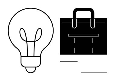 Çantanın yanındaki ampul yeniliği, iş planlamasını, başarıyı ve yaratıcı stratejiyi simgeliyor. Girişimcilik, yenilik, fikir üretimi, iş büyümesi, planlama takım çalışması için ideal