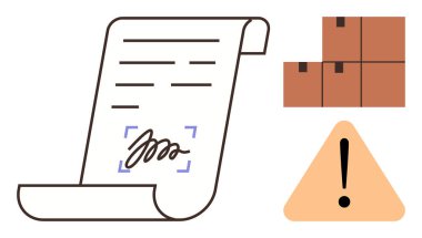 İmzalı belge, uyarı işareti ve istiflenmiş kutular. Kontrat, sevkiyat, lojistik, risk, uyum zinciri ve belge konseptleri için ideal. Basit düz metafor