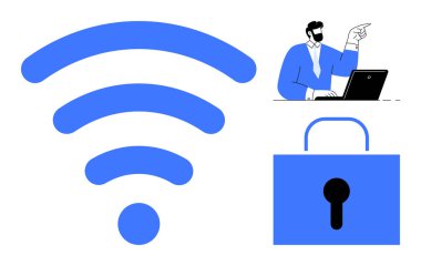 Kablosuz sinyal ikonu, asma kilit ve dizüstü bilgisayarda çalışan bir profesyonel online güvenlik, veri koruması ve internet güvenliğini vurguluyor. Teknoloji için ideal, siber güvenlik, gizlilik, şifreleme kasası