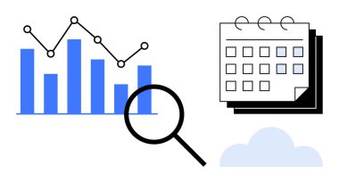 Bar tablosu, çizgi grafiği, büyüteç, takvim, bulut, basit bir düz metaforda planlama, araştırma, analitik, zamanlama, verimlilik ve dijital araçları tahmin etme stratejisi