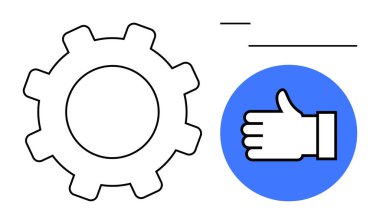 Mavi bir çemberde onay ya da olumlu sonuçları simgeleyen bir başparmağın yanında dişli ayarları sembolize eder. Teknik ayarlar, geri besleme sistemleri, UI tasarımı, başarı, üretkenlik için ideal