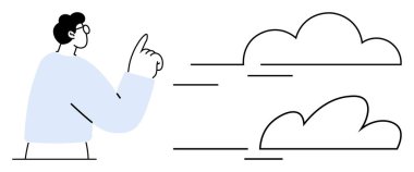 Bulutları hareket çizgileriyle gösteren adam hedefleri, hayal gücünü ve yaratıcılığı simgeliyor. Yenilik için ideal, özlemler, hayaller, bulut tabanlı teknoloji, basit beyin fırtınası